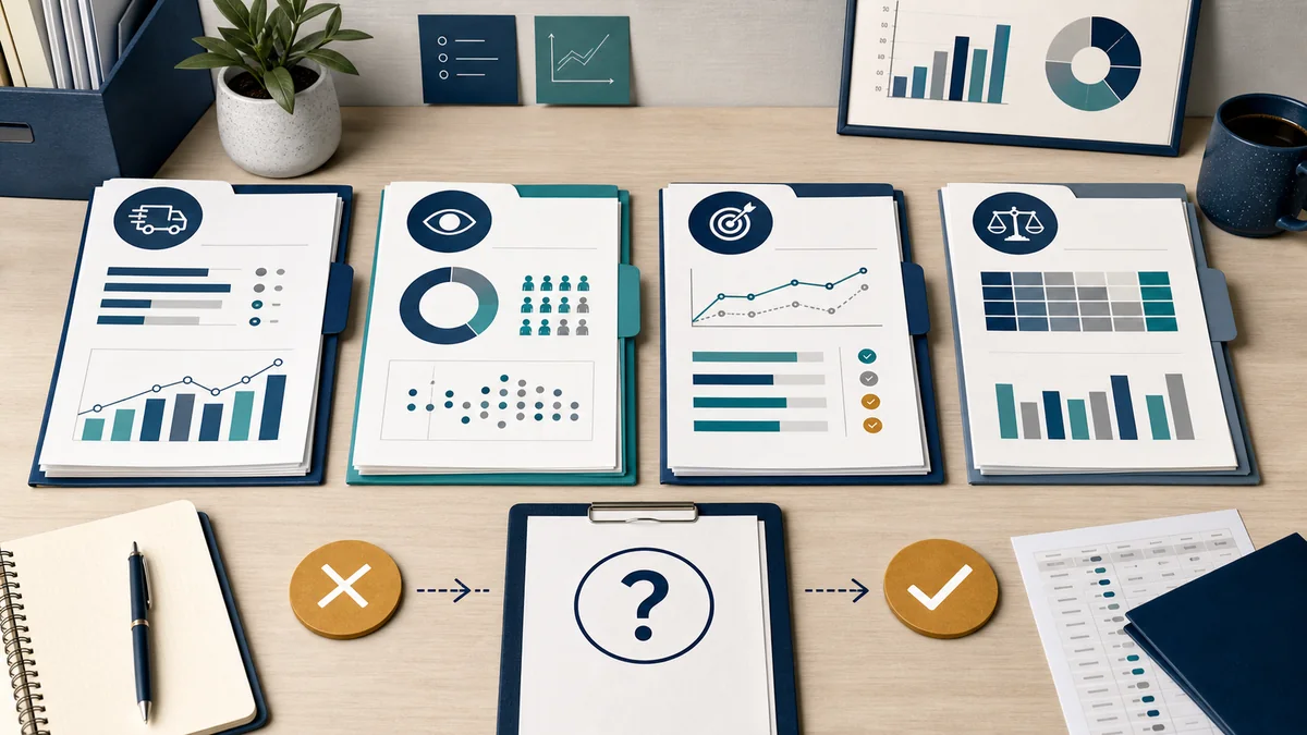 Private marketplace renewal review desk with separate packets for package delivery, exposure quality, outcome status, and comparison strength.