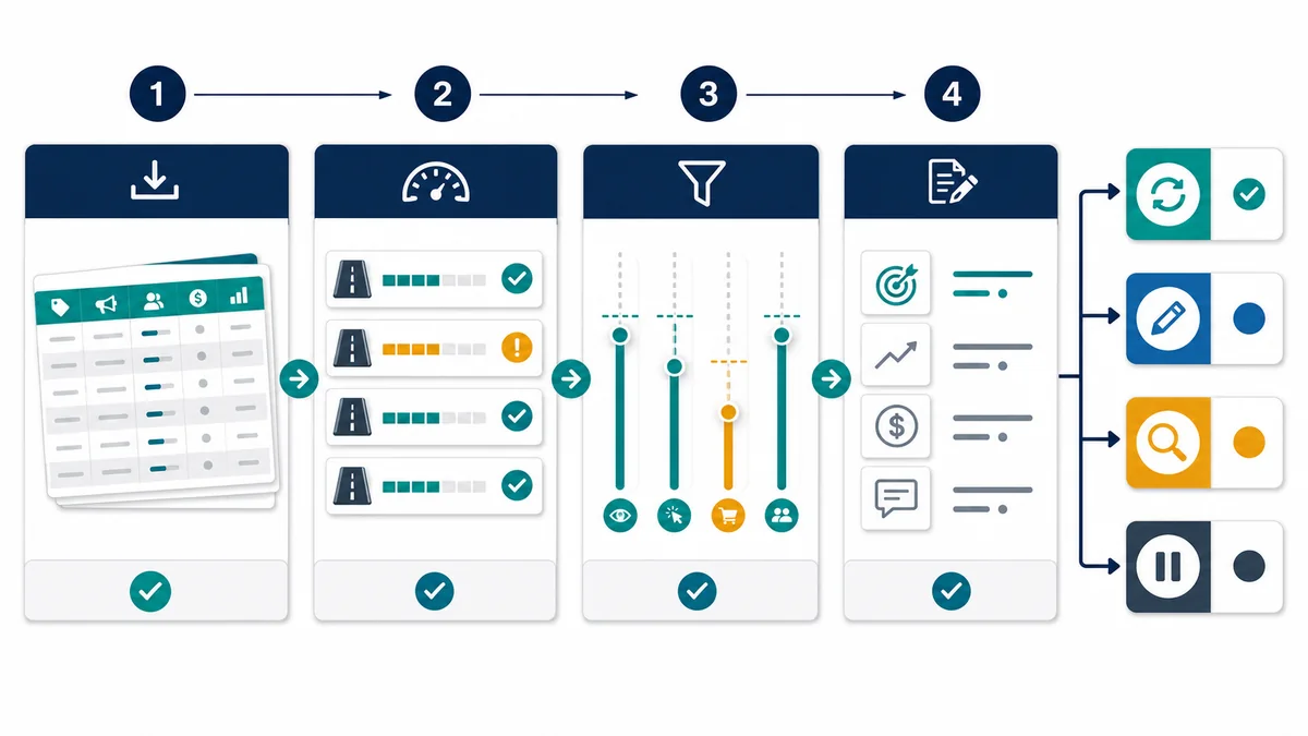 Private marketplace renewal workflow moving from campaign export rows through lane scoring, evidence ceiling, and final action.