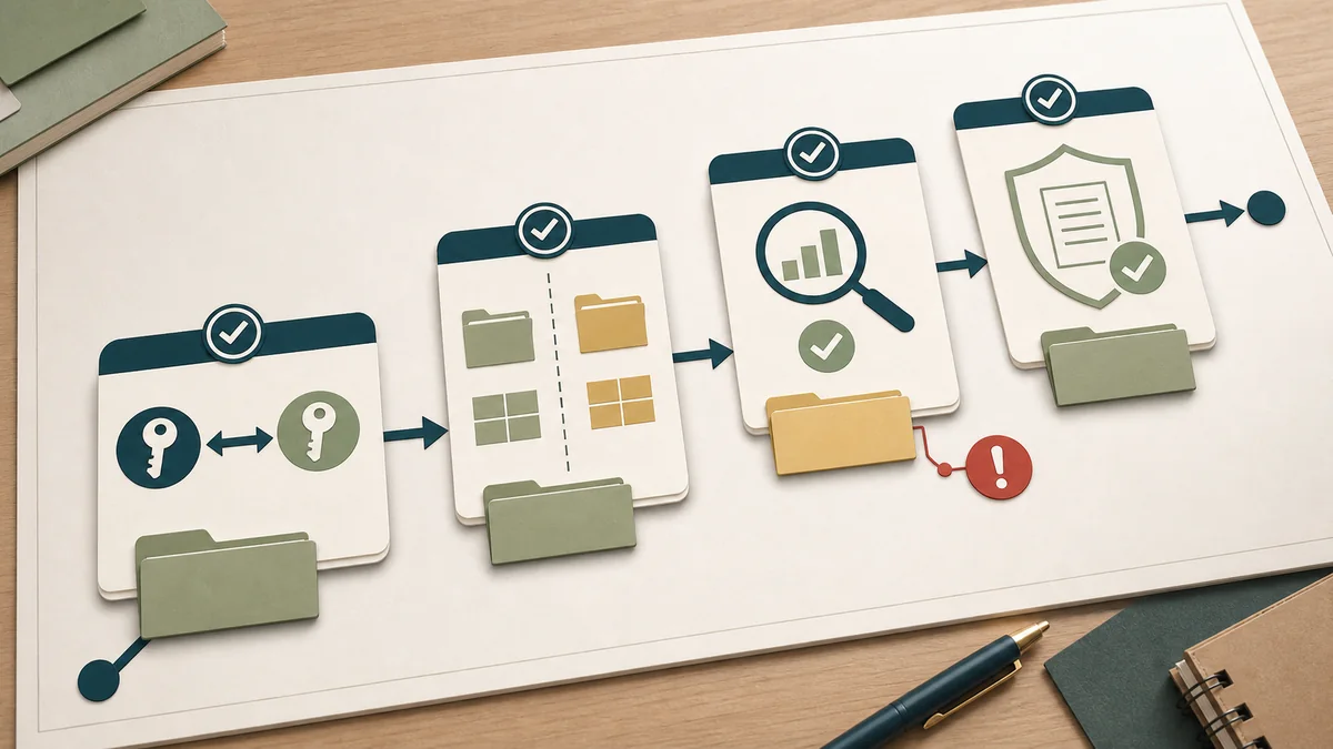 A four-gate reporting field QA map checking identifiers, placement separation, quality denominators, and bounded conclusion wording.