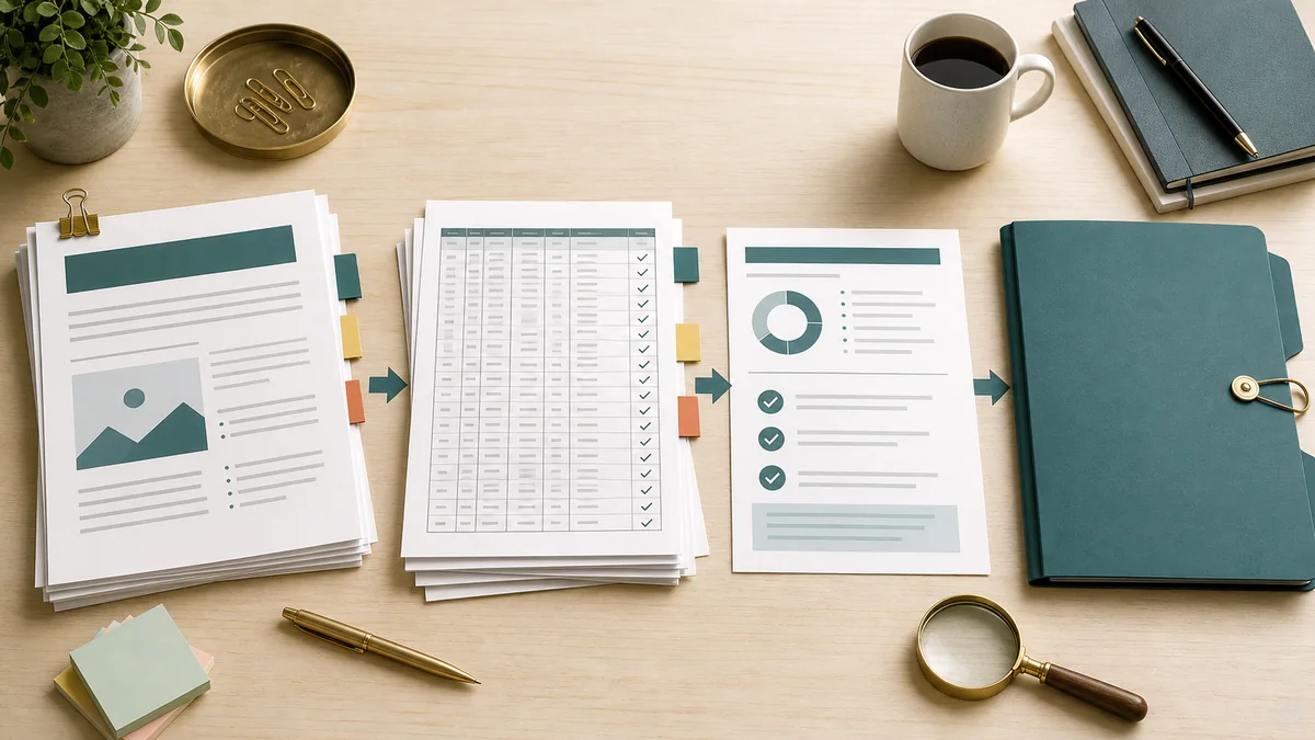 A reporting review desk connecting a campaign brief, row-level export, readout memo, and renewal decision folder before a buyer meeting.
