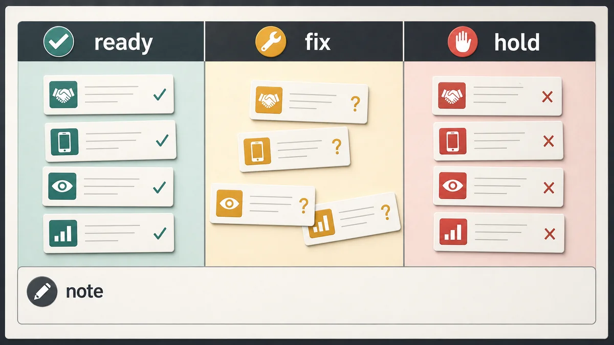 Programmatic inventory QA decision board sorting package evidence into ready, fix before launch, and hold outcomes.