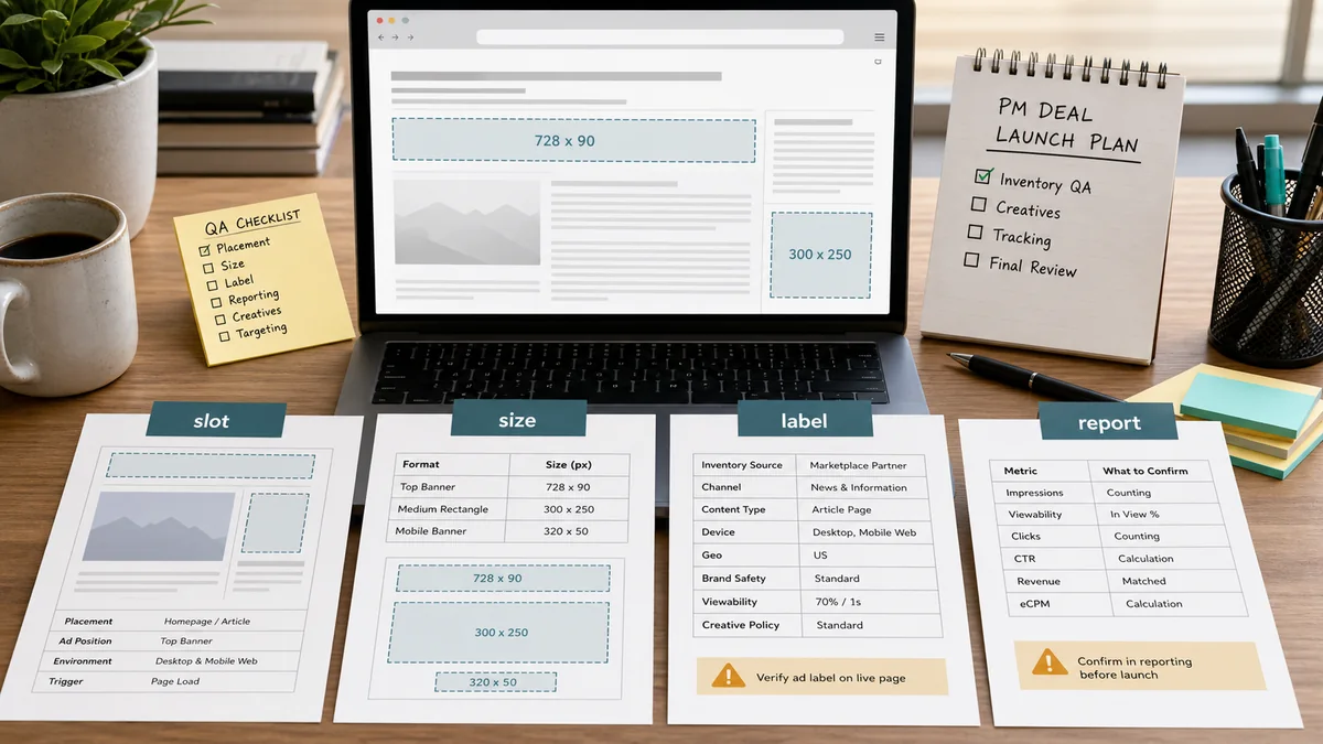 Programmatic inventory QA launch review desk showing ad slot, size, label, and reporting checks before a private marketplace deal goes live.