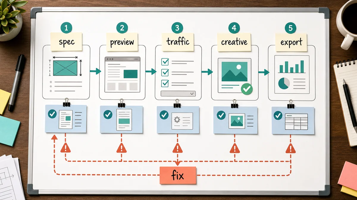 Programmatic inventory QA workflow from media kit spec to preview page, trafficking settings, creative acceptance, and report export with a fix loop.