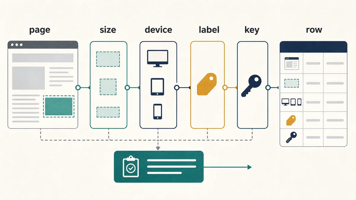 Programmatic inventory QA model connecting page slot, creative size, device behavior, paid label, reporting key, and report row.