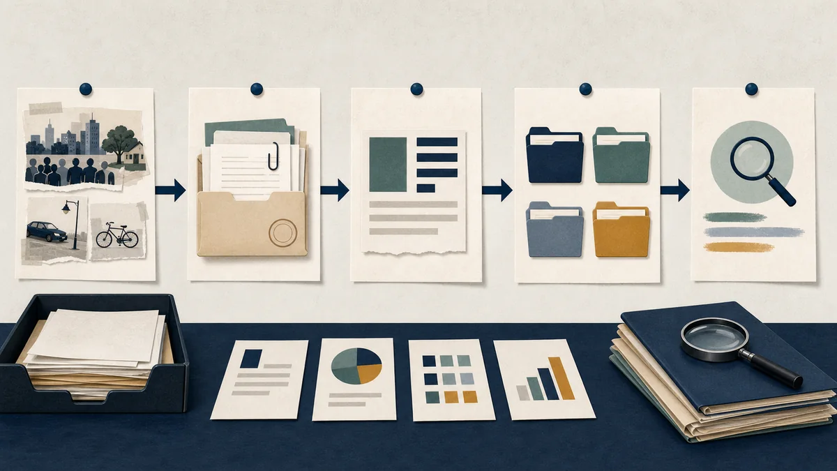 Evidence flow from real-world events into a public record, a numerator, denominator folders, and a final review step.