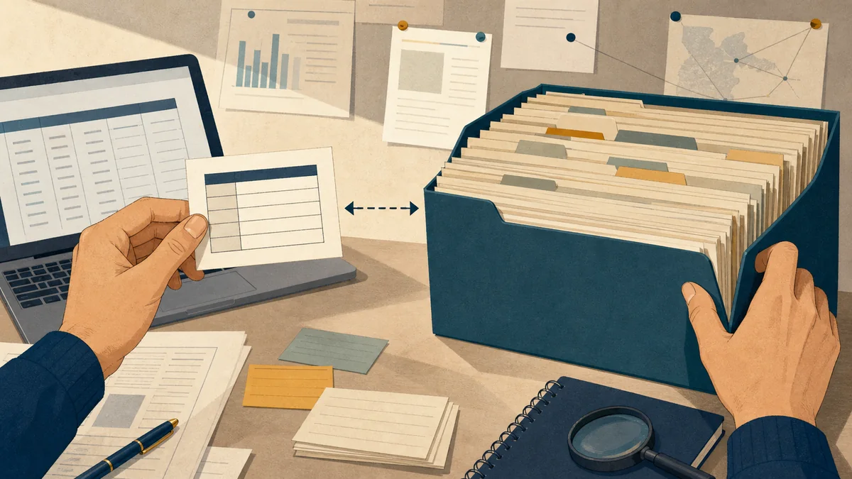 Research desk showing a public-record card compared with a larger folder of denominator records.