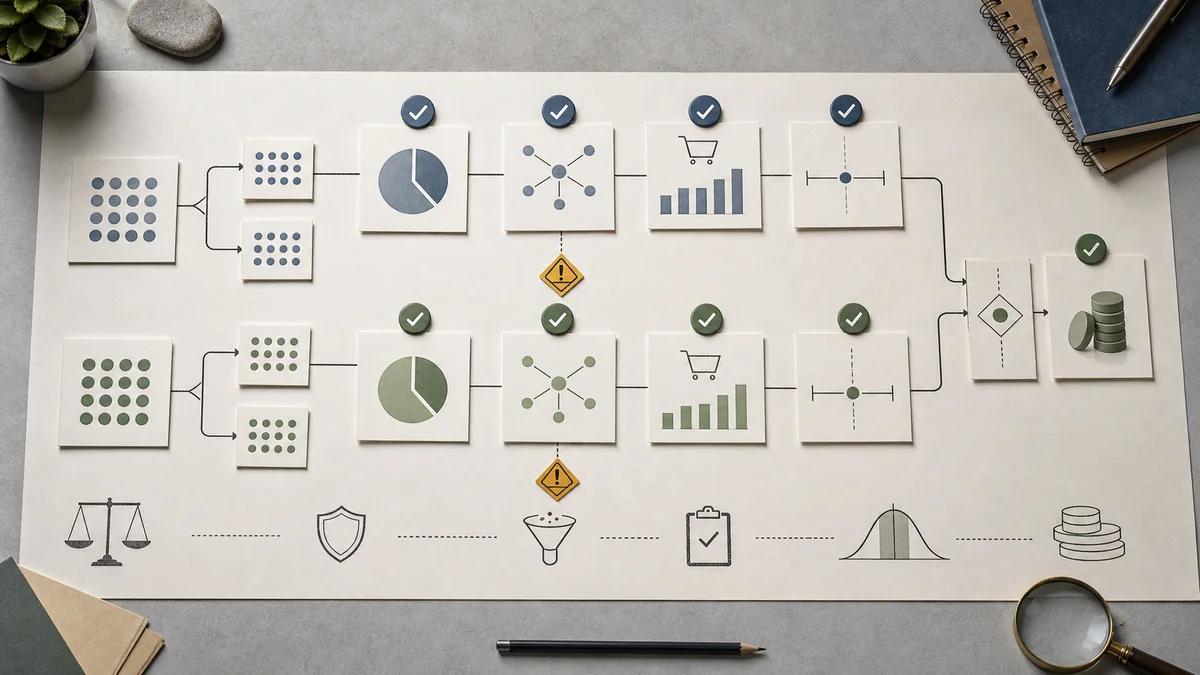 Editorial lift-test review board showing treatment and control lanes checked for assignment integrity, leakage, outcomes, lift, and uncertainty before a budget decision.