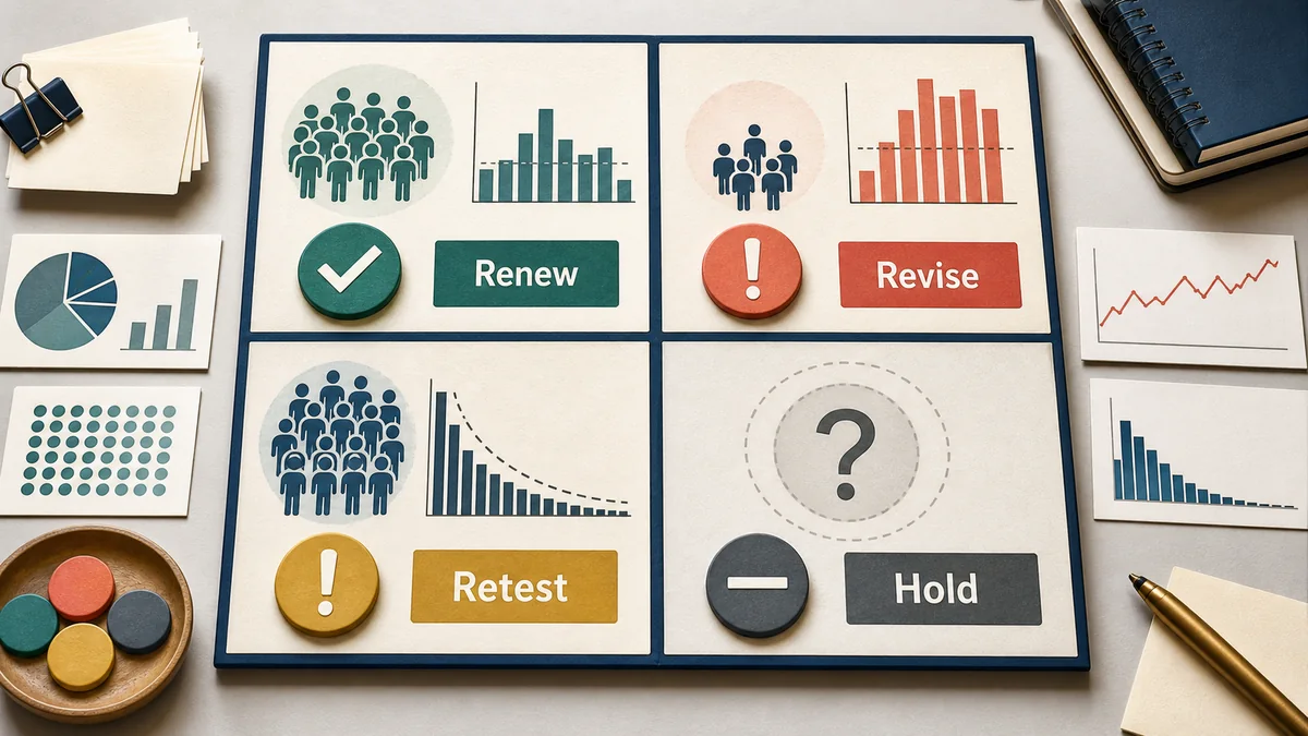 Reach and frequency decision board sorting report patterns into renew, revise, retest, or hold actions.