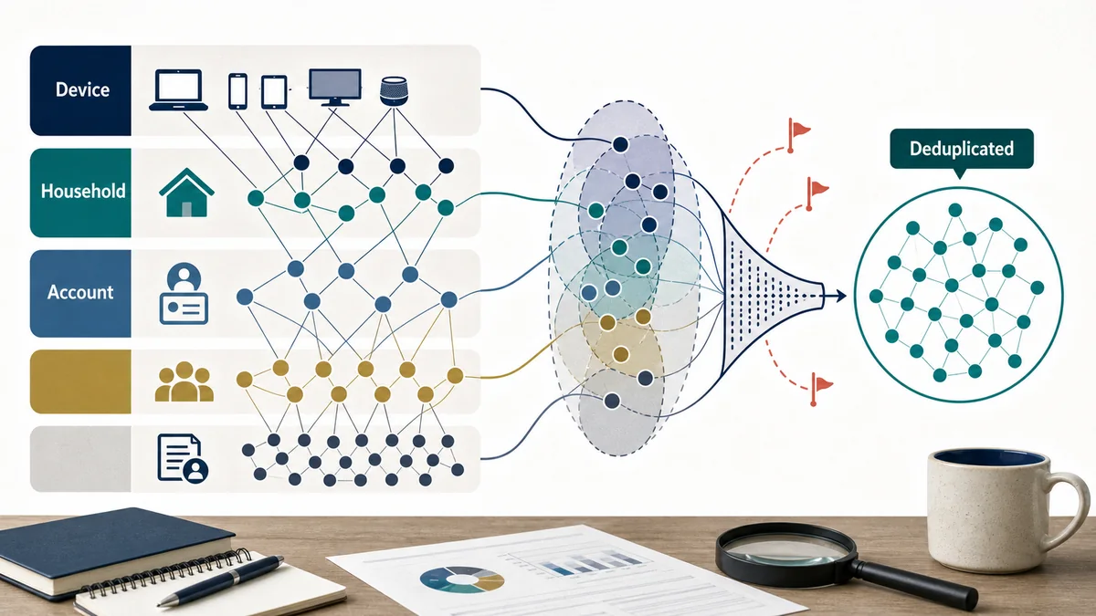 Identity unit model showing devices, households, accounts, and deduplicated audience records before reach is interpreted.