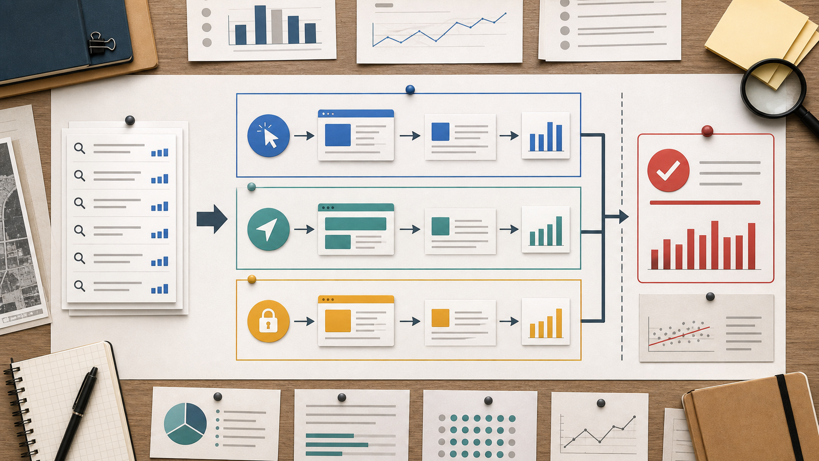 Editorial paid-search review board showing high-intent query paths split into sponsored-click attribution, organic or direct return, and a protected query holdout.