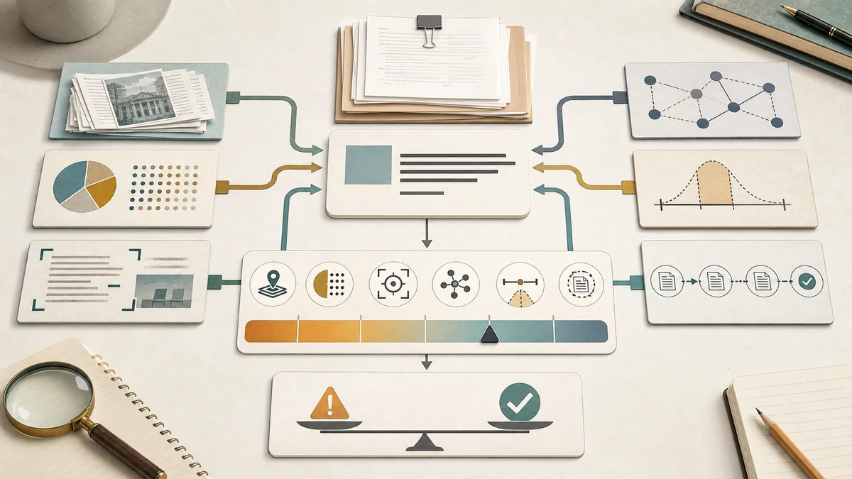 Editorial illustration showing a media claim being checked against separate source quality dimensions before a cautious recommendation is made.