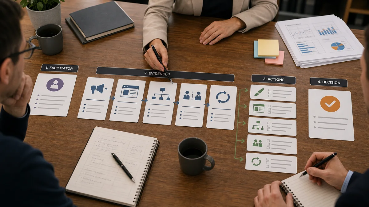 Sponsored research review workflow moving from facilitator role through evidence cards, actions, and a final decision.