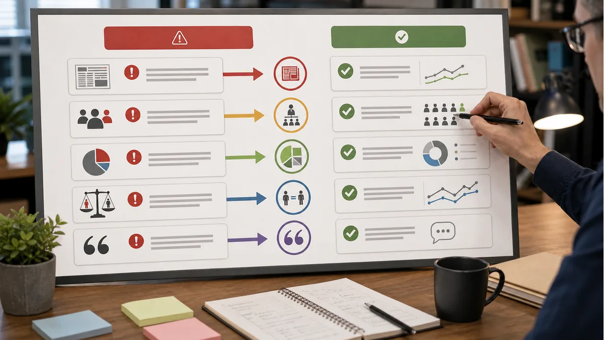 workflow connecting media bias symptoms to evidence checks