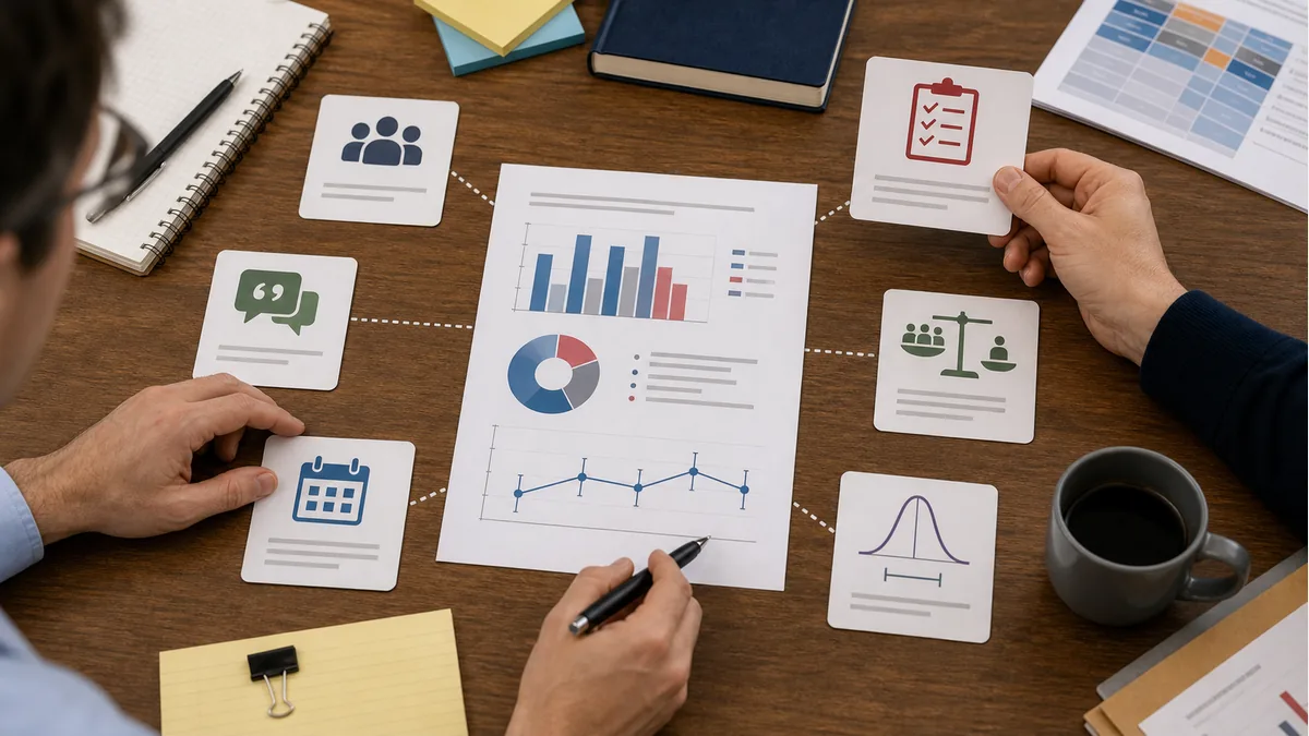 survey report surrounded by method cards for sample wording dates and uncertainty
