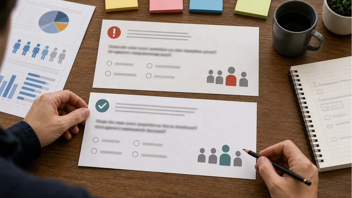 survey question cards reviewed for wording and respondent context