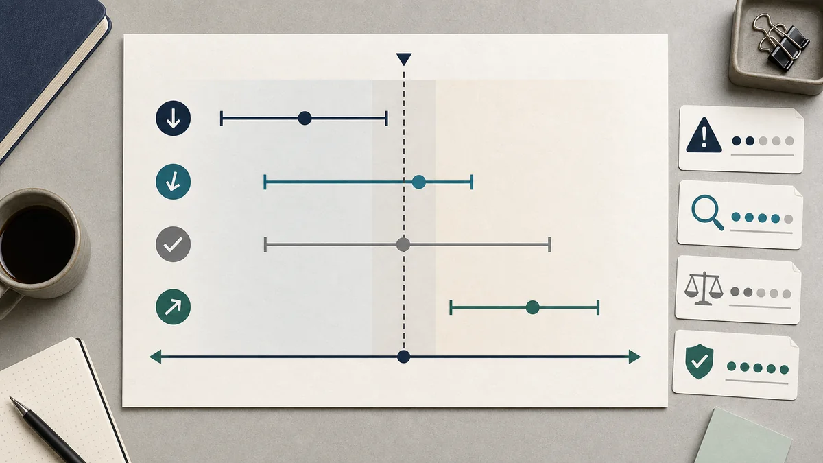 Editorial decision band diagram showing uncertainty intervals grouped into descriptive, directional, bounded positive, and decision-grade campaign language.