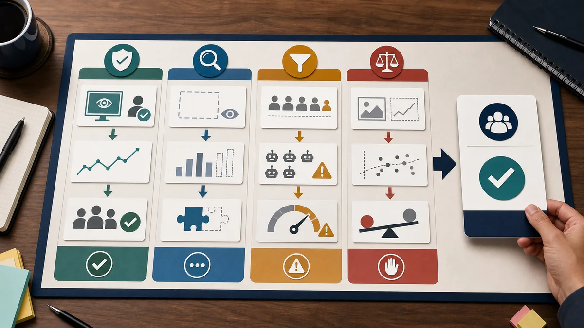 Decision board sorting clean exposure-quality evidence, measurement gaps, traffic-filter concerns, and comparison-needed outcome claims.