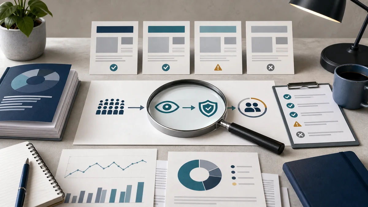 Analyst review desk connecting campaign report cards, exposure-quality checks, and frequency evidence before accepting outcome claims.